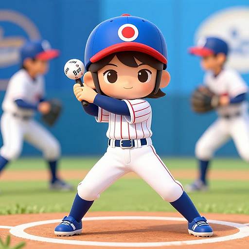 Digital cartoon of a cute, young baseball player in a blue cap and white uniform, pitching on a sunny field.