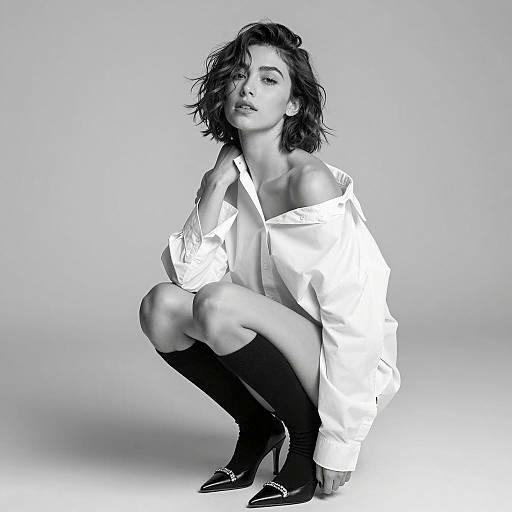 Black and White Portrait of Woman Squatting