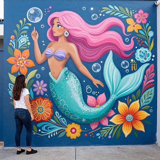 Photograph of a vibrant mural of a pink-haired mermaid with turquoise scales, surrounded by colorful flowers, bubbles, and a standing woman admiring the