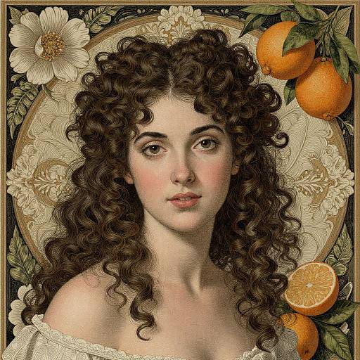 Detailed digital artwork of a fair-skinned woman with curly brown hair, adorned with flowers and oranges, against an ornate floral background.