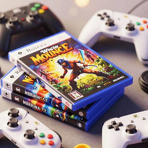 Stack of Video Games with Gaming Controllers