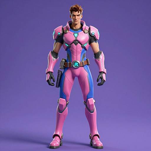 Futuristic Male Character in Pink and Blue Armor