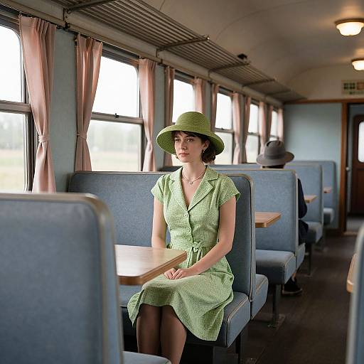 Woman in Green Dress on Vintage Train
