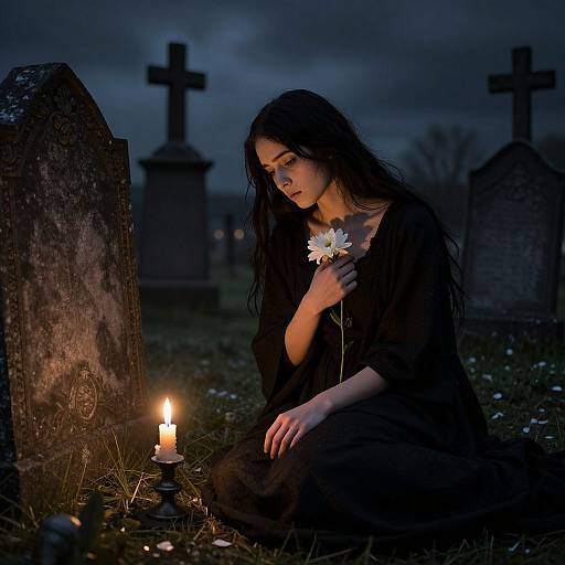 Gloomy cemetery scene: dark-haired woman in black dress, holding daisy, kneels by candlelit grave, surrounded by tombstones under a