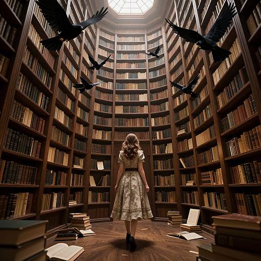 Photograph: Young girl in floral dress, standing in grand, circular library with tall bookshelves, four black ravens flying overhead.