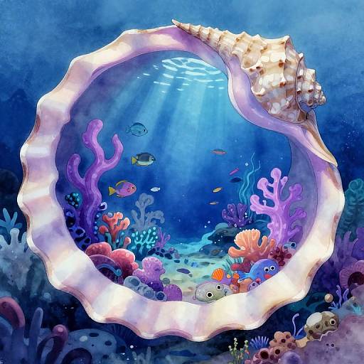 Vibrant underwater scene: illuminated circular shell encloses colorful coral reef with purple, pink, and blue corals, fish, and sunlight filtering in