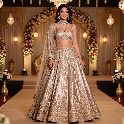 Photograph of a beautiful Indian woman with dark hair, wearing a gold-embellished choli and lehenga, standing on a runway, adorned