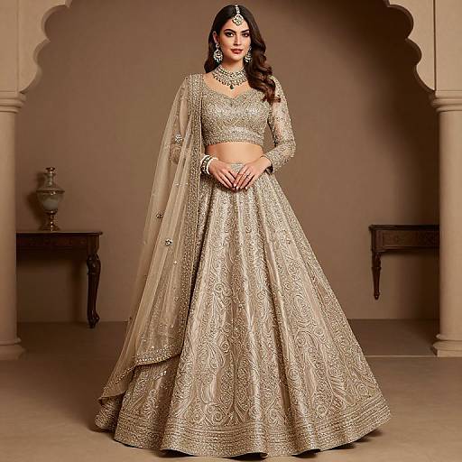 Photograph of an elegant South Asian woman with long black hair, wearing a gold-embroidered lehenga, crop top, and sheer dupatta