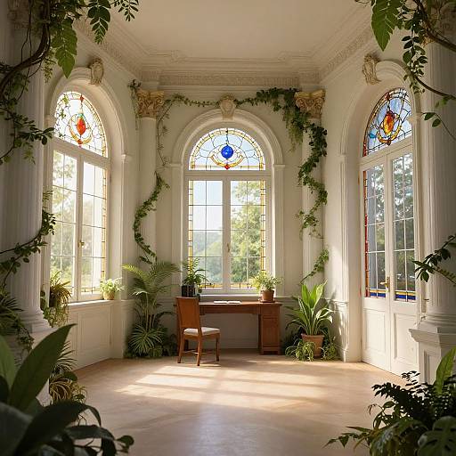 Bright, sunlit conservatory with large, arched stained glass windows, lush green plants, wooden desk, and chair in center. Elegant, classical