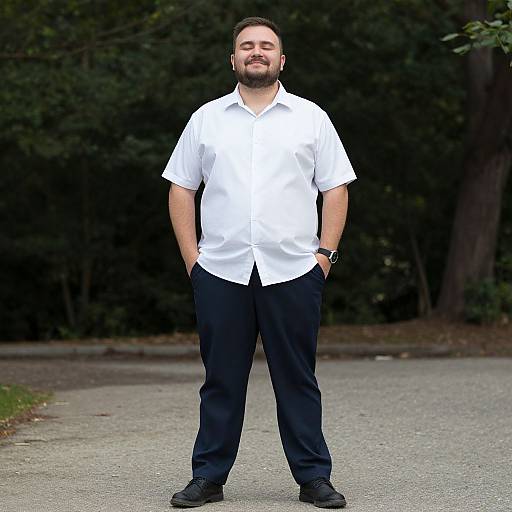 Photograph of a bearded man with short dark hair, wearing a white short-sleeve shirt, black pants, and black shoes, standing confidently
