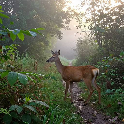 Photograph of a brown deer standing on a misty forest path, surrounded by lush green foliage with sunlight filtering through trees.
