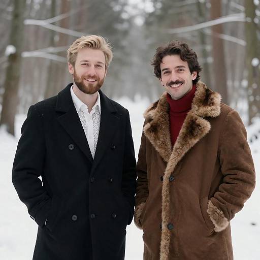 Two Men Smiling in Snowy Forest