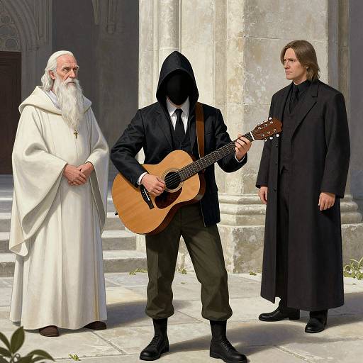Photograph: Three men in a sunlit stone courtyard; one in white robe, one in black hooded coat playing guitar, one in long black