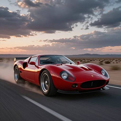 Photograph of a sleek, red, vintage sports car speeding on a desert highway at sunset, with dramatic clouds in the sky.