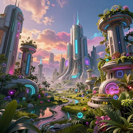 Vibrant futuristic cityscape with glowing neon towers, lush greenery, and colorful flora surrounding a winding stream under a sunset sky.