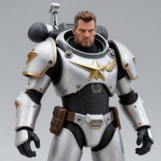 Photorealistic CGI of a muscular, bearded man in silver and gold armored suit with star emblem, black chest plate, and brown belt, standing