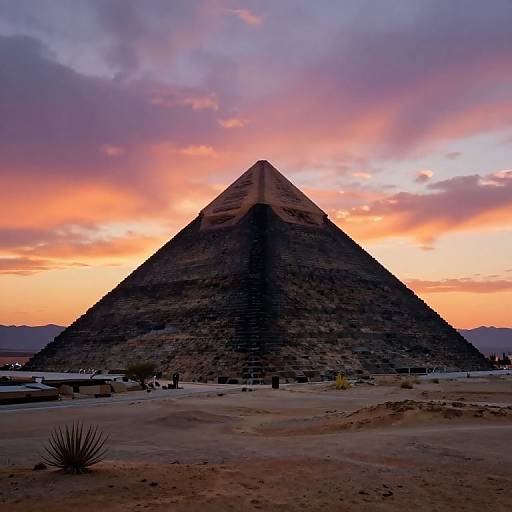 Photograph of the Pyramid of the Sun at Teotihuacan, Mexico, at sunset with a vibrant orange and pink sky, dark pyramid sil