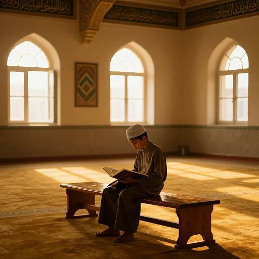 Muslim Boy Reading Quran in Mosque