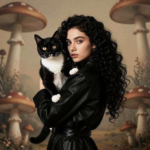 Psychedelic Sepia Girl with Tuxedo Cat