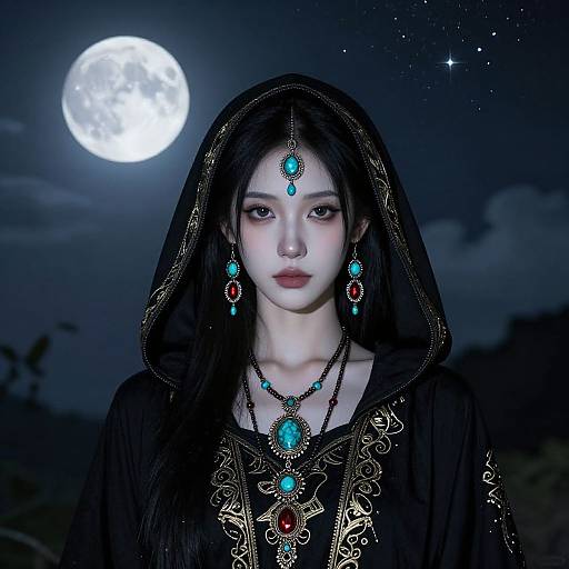 Digital art of an ethereal Asian woman with pale skin, black veil, and turquoise jewelry, under a glowing full moon in a starry night sky