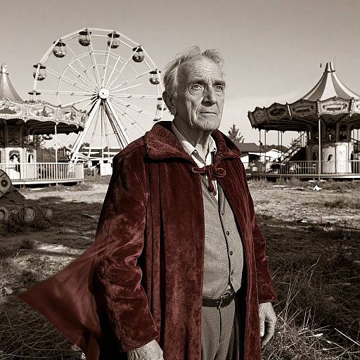 Black-and-white photograph of elderly man with white hair, wearing red velvet coat, standing in front of Ferris wheel and carousel.