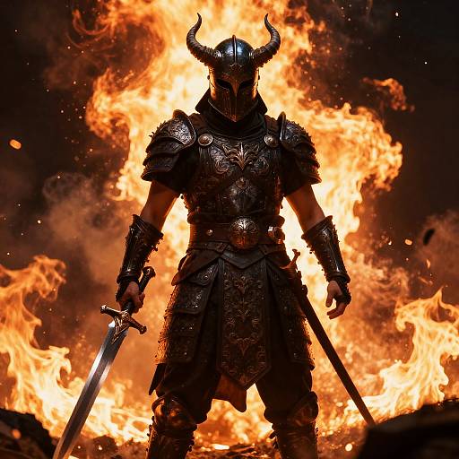 Mighty Warrior in Fiery Battle Scene