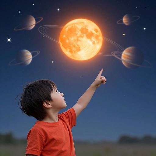 Photograph of a young Asian boy in a red shirt pointing at a glowing, bright orange sun with planets and stars in a dark blue night sky.