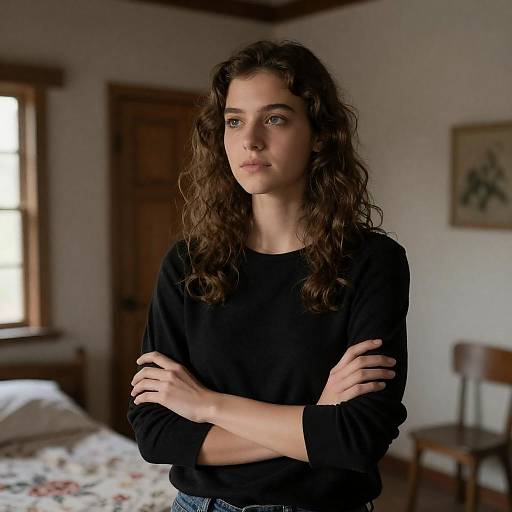 Young Woman Gazing in Rustic Room