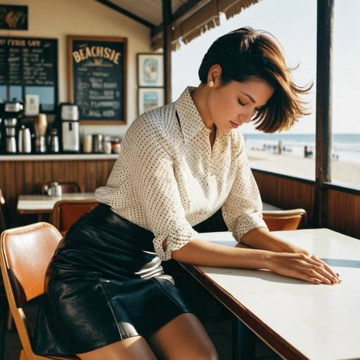 Woman with Short Blowout Hairstyle in Beachside Cafe