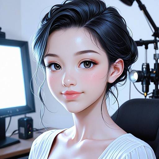 Digital CGI portrait of a beautiful young Asian woman with fair skin, black hair in a loose updo, wearing a white top, sitting in a brightly