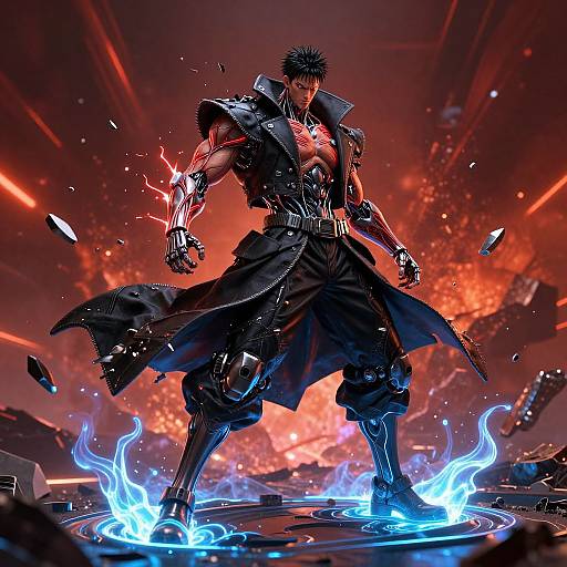 Dynamic anime-style illustration of a muscular, black-haired male warrior with glowing blue aura, red background, and shattered debris surrounding him.