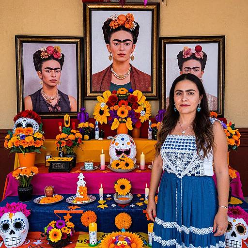 Woman with Vibrant Día de los Muertos Altar