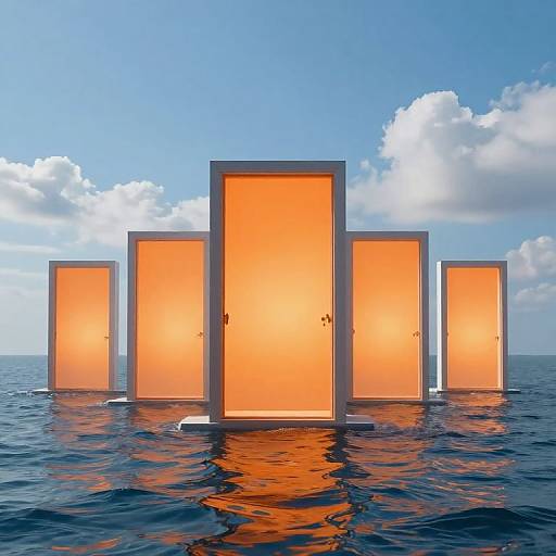 Photorealistic CGI of five glowing orange doors floating in a calm ocean under a blue sky with fluffy white clouds.