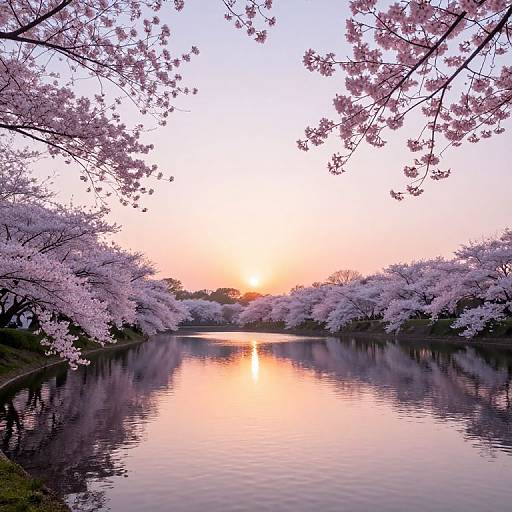 Photograph of a serene sunset over a calm river, framed by pink cherry blossom trees, reflecting in the water.