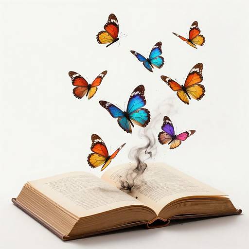 Photograph of an open book with vibrant orange, blue, and purple butterflies emerging from its pages against a white background.