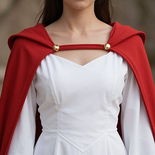 Photograph of a woman with long black hair, wearing a red cape with gold clasps over a white, V-neck dress.