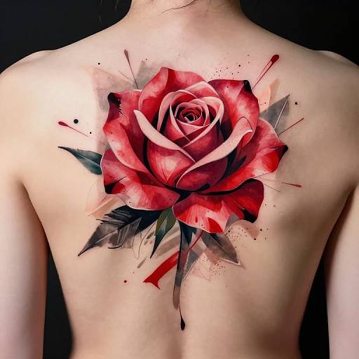 Photograph of a bare back with a vibrant, realistic red rose tattoo, featuring splattered paint and black leaves, against a dark background.