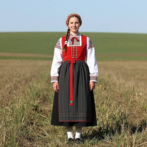 Photograph of a smiling young woman in traditional Eastern European folk dress, red vest, white blouse, black skirt, headscarf, standing in a