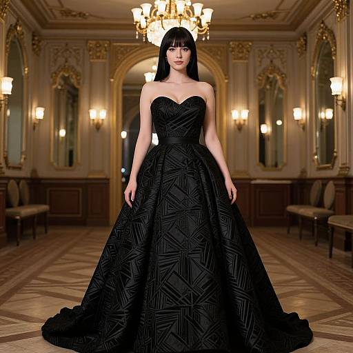 Photograph of a slender woman with long black hair in an elaborate, strapless black gown with geometric patterns, standing in an opulent, gold-ac