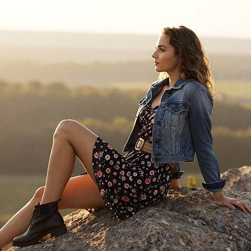 Photograph of a woman with wavy brown hair, wearing a denim jacket and black floral dress, sitting on a rock at sunset, with a blurred