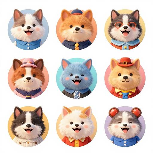 Digital illustration of nine adorable, cartoon-style fluffy dogs in circles, each wearing different outfits and accessories, arranged in a 3x3 grid.