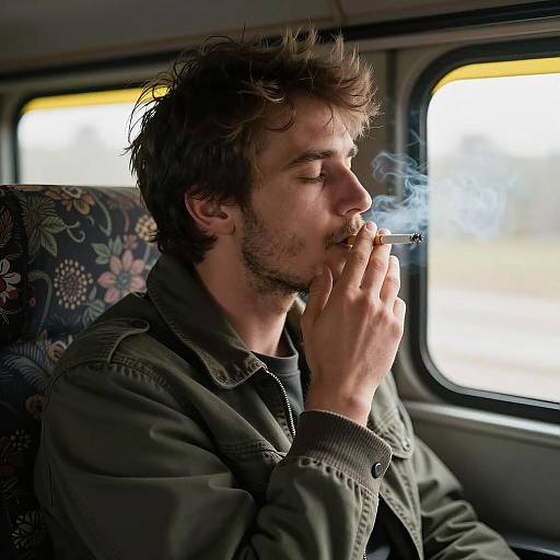 Contemplative Man in Dimly Lit Vehicle