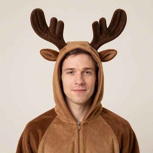 Photograph of a smiling white man with short brown hair wearing a brown, plush, reindeer-themed hoodie with large, dark brown antlers and ear