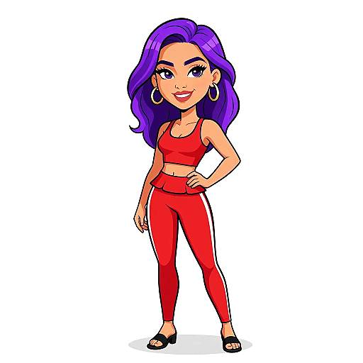 Cartoon-style digital illustration of a confident woman with purple hair, wearing a red sports bra and matching high-waist pants, large hoop earrings,