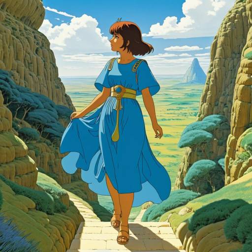 Animated Woman in Blue Dress Walking Through Rocky Valley