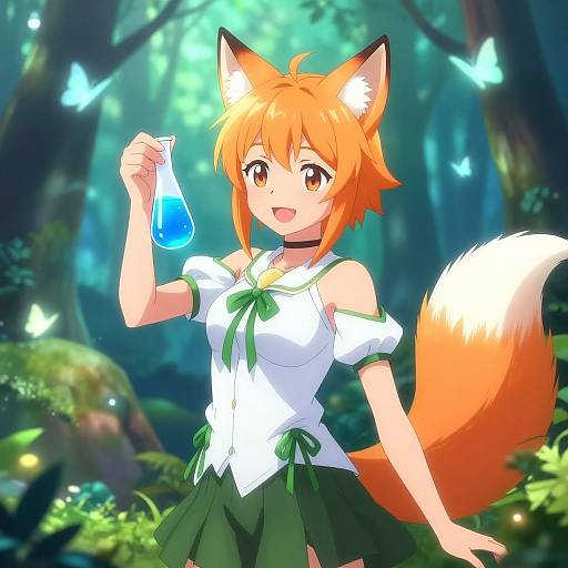 Anime Fox Girl in Magical Forest