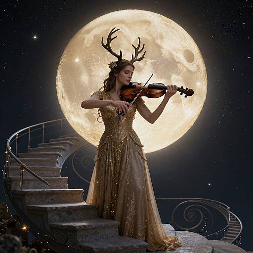 Photograph of a woman with antlers playing violin, wearing a gold, glittering gown, against a large full moon, on a spiral staircase in