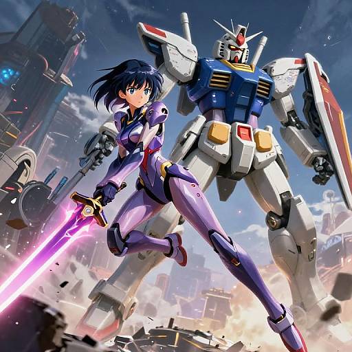 Anime-style digital drawing of a blue-haired girl in a purple bodysuit, wielding a glowing pink sword, standing beside a large, white and blue