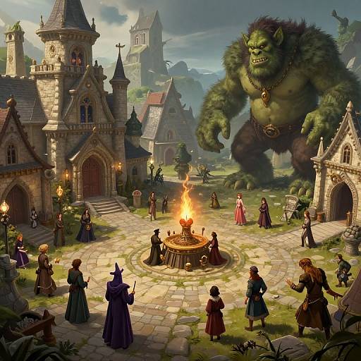 Fantasy village scene: witches, knights, and villagers gather around a bonfire as a giant green orc looms overhead. Gothic-style castles in