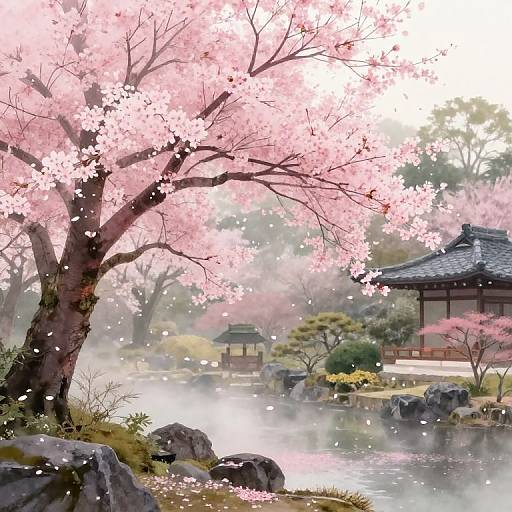 Digital painting of a serene Japanese garden with pink cherry blossoms, a traditional wooden house, misty pond, and falling petals.